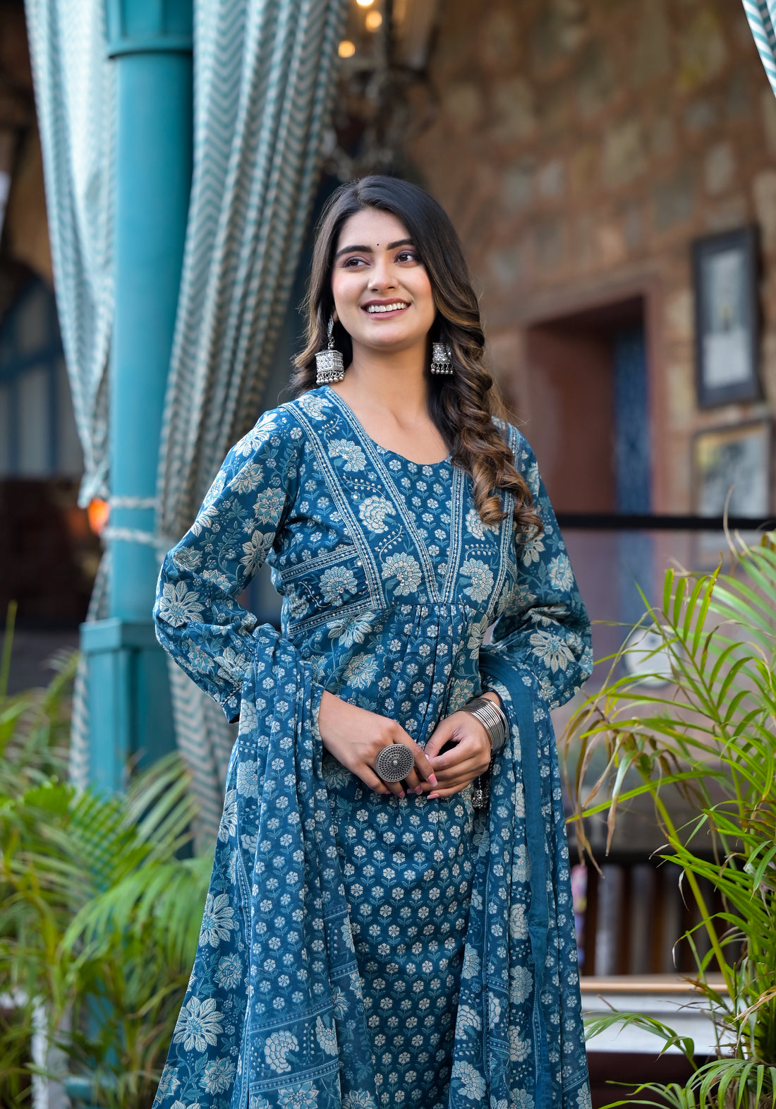 Women's Blue Cotton Fabric Suit Set | Ethnic Floral Round neck Kurta with Pants & Dupatta