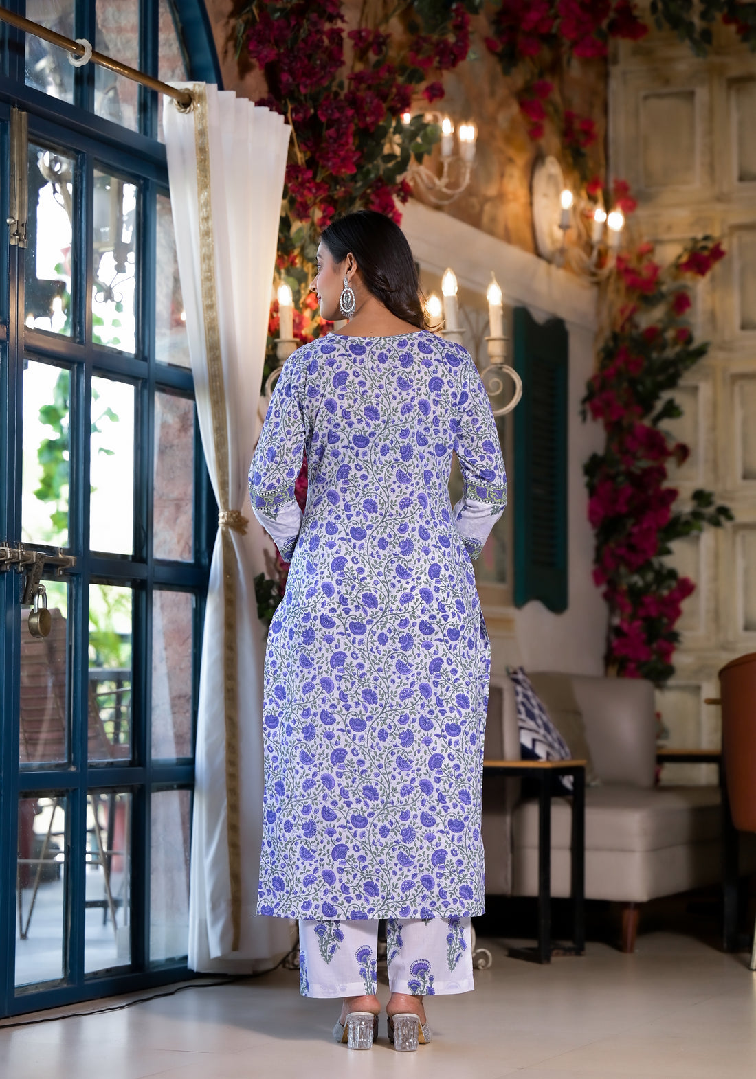 Women's Lavender Cotton Fabric Suit Set | Ethnic Floral Printed Straight Kurta with Pants & Dupatta