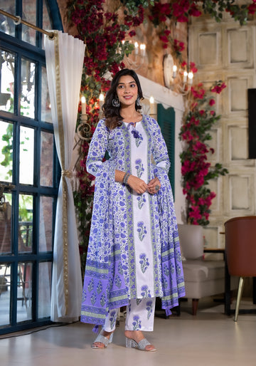 Women's Lavender Cotton Fabric Suit Set | Ethnic Floral Printed Straight Kurta with Pants & Dupatta