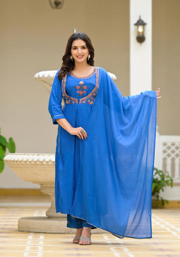 Women's Muslin Blue Embroidered Suit Set | Ethnic A-line Kurta with Printed Pant & Dupatta