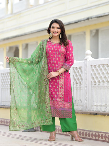 Women's Muslin Fuchsia Pink Printed Suit Set | Ethnic Straight Kurta with Pant & Dupatta
