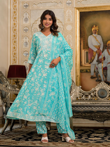 Women's Turquoise Rayon Fabric Printed Suit Set | Ethnic Flared Kurta with Pants & Printed Dupatta