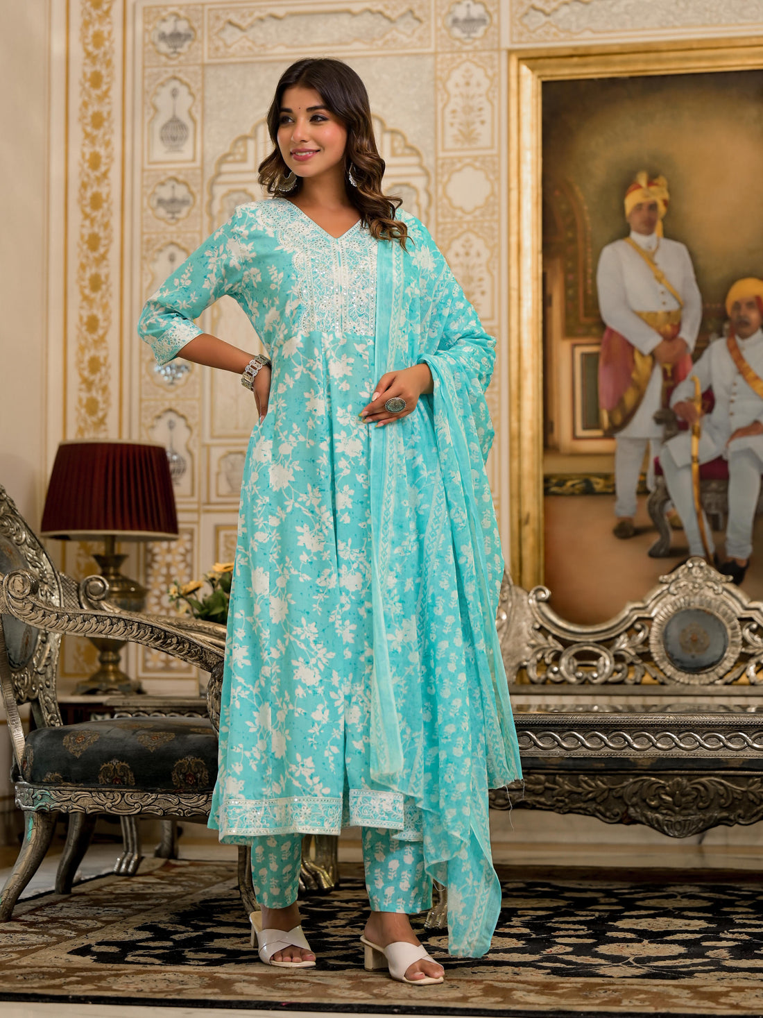 Women's Turquoise Rayon Fabric Printed Suit Set | Ethnic Flared Kurta with Pants & Printed Dupatta