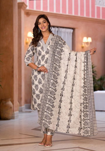 Women's White Cotton Fabric Printed Suit Set | Ethnic Straight Kurta with Pants & Printed Dupatta