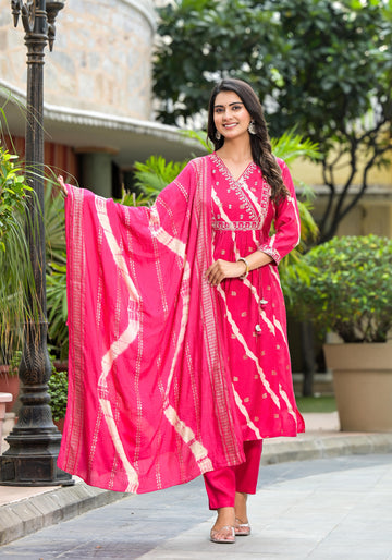 Women's Modal Pink Bandhani Printed Suit set | Ethnic A-Line Kurta with Pant & Dupatta