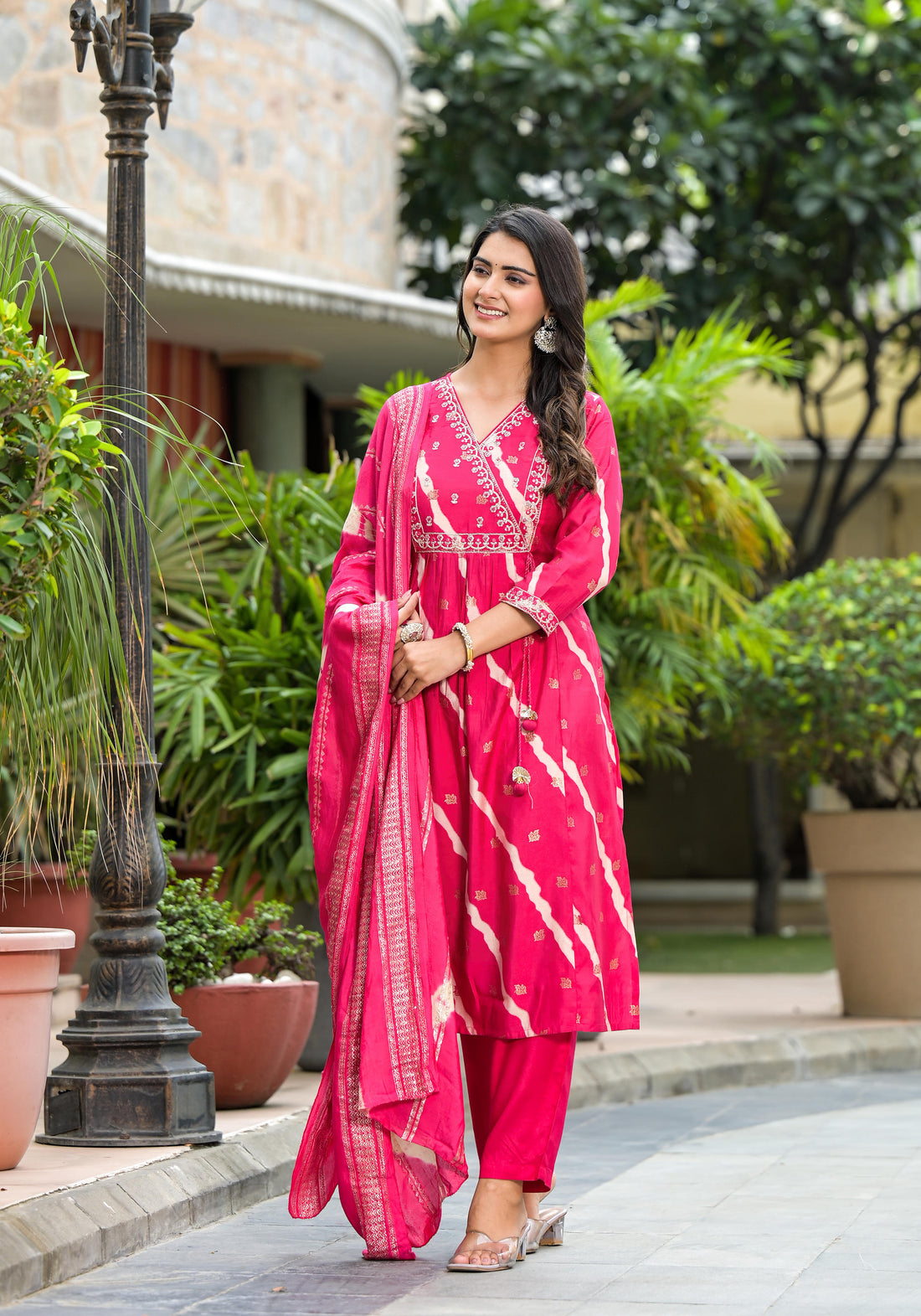 Women's Modal Pink Bandhani Printed Suit set | Ethnic A-Line Kurta with Pant & Dupatta