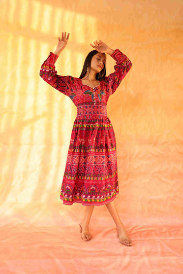 Women's Cotton Red Jaipuri Printed Dress | Ethnic Flared Midi Dress