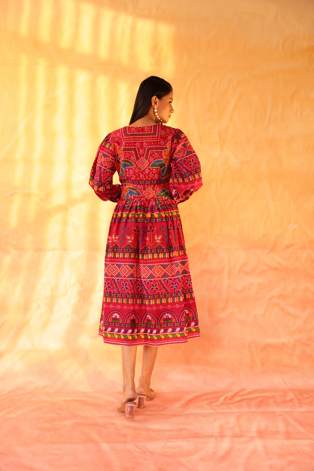 Women's Cotton Red Jaipuri Printed Dress | Ethnic Flared Midi Dress