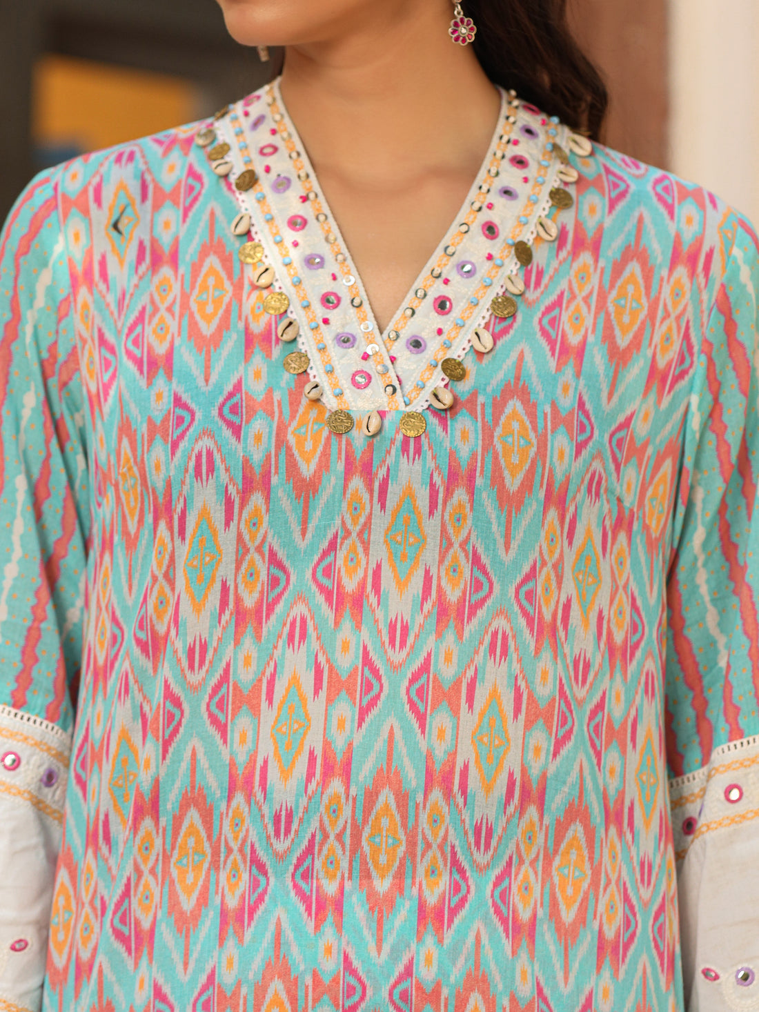 Women's Blue and pink Cotton Fabric Embroidered Printed Suit Set | Ethnic Short kurta with Palazzo & Poly net Dupatta
