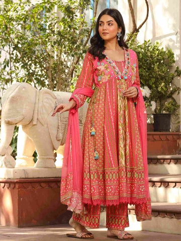 Women's Cotton Peach Embroidered Printed Suit set / Ethnic Anarkali Kurta with Printed Pant & Dupatta