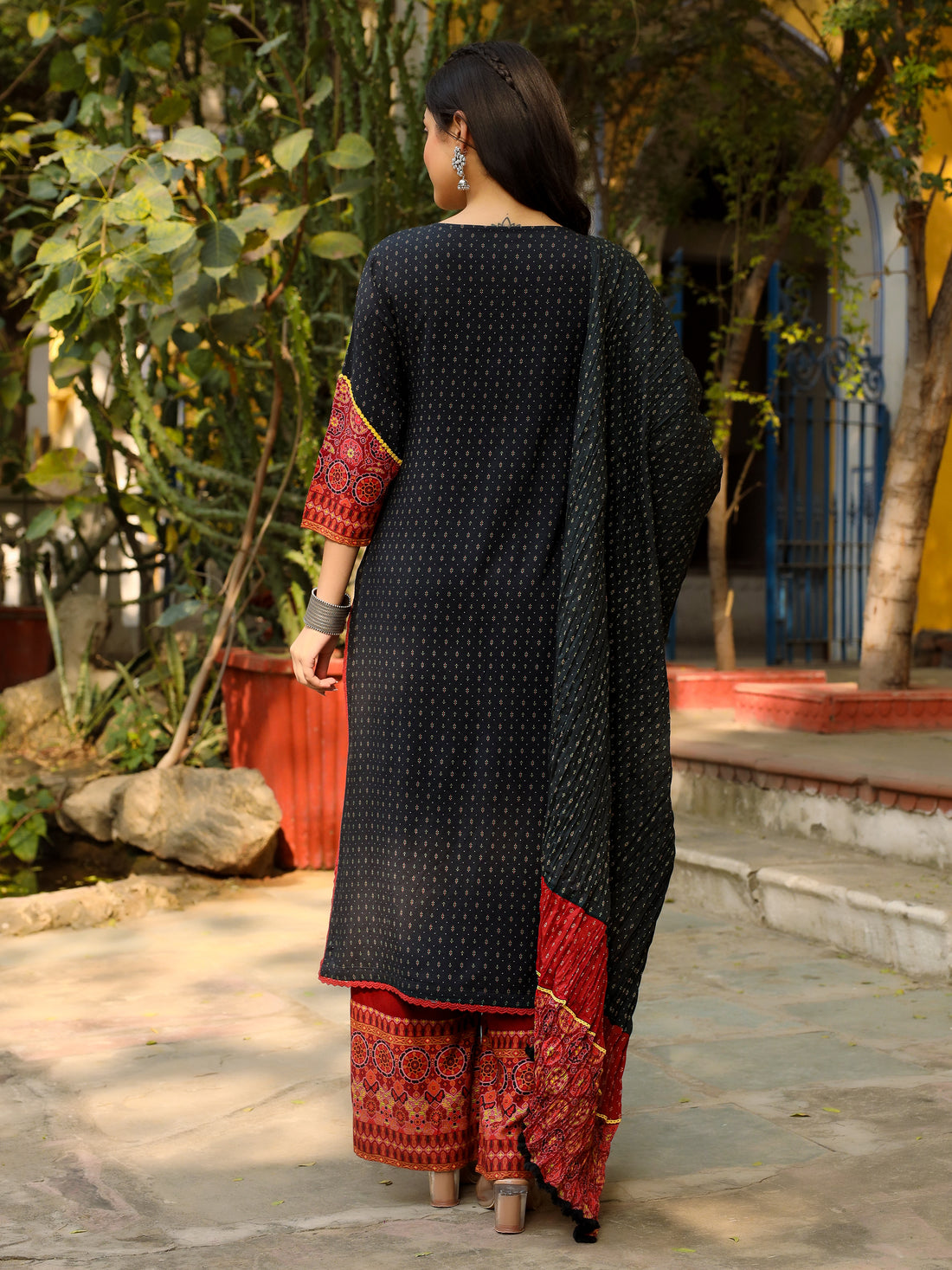 Women's Black Motif Printed Suit Set | Ethnic Straight Kurta with Printed Palazzo & Dupatta