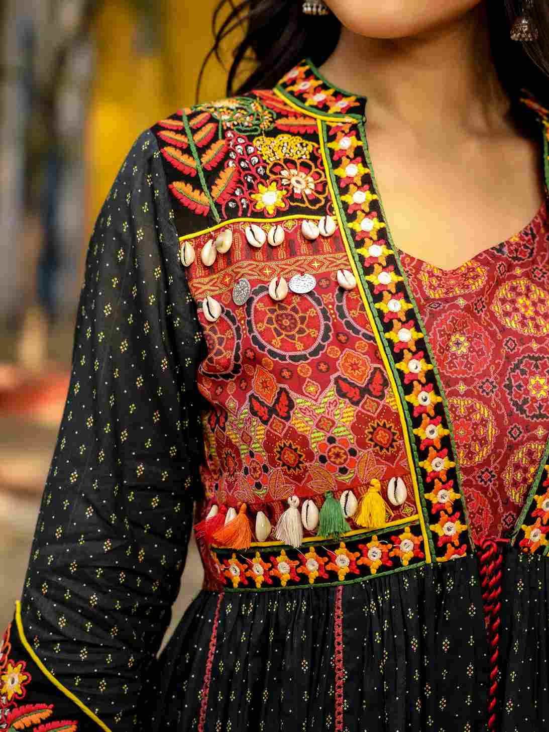 Women's Cotton Black Printed Dress I Ethnic long Flared Dress in 2 piece set