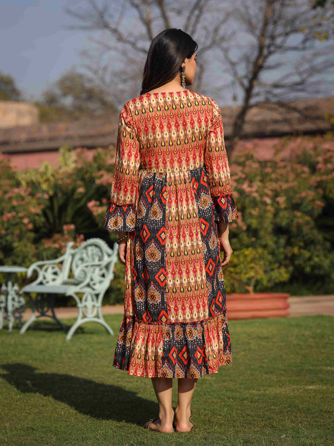 Women's Cotton Rust Printed Dress I Ethnic long Flared Dress