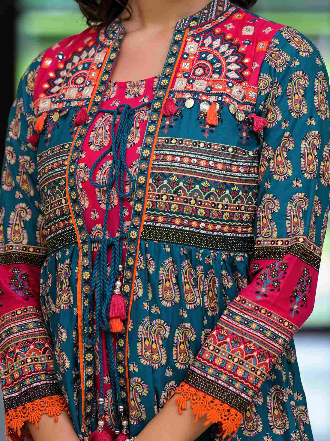 Women's Cotton Teal Blue Printed Dress I Ethnic long Flared Dress in 2 piece set