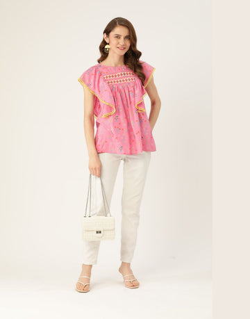 Women's Rayon Printed Top with Flutter Sleeves