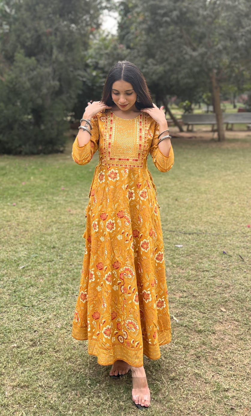 Women's Cotton Printed Dress | Ethnic Anarkali Dress with Thread & Sequin Work