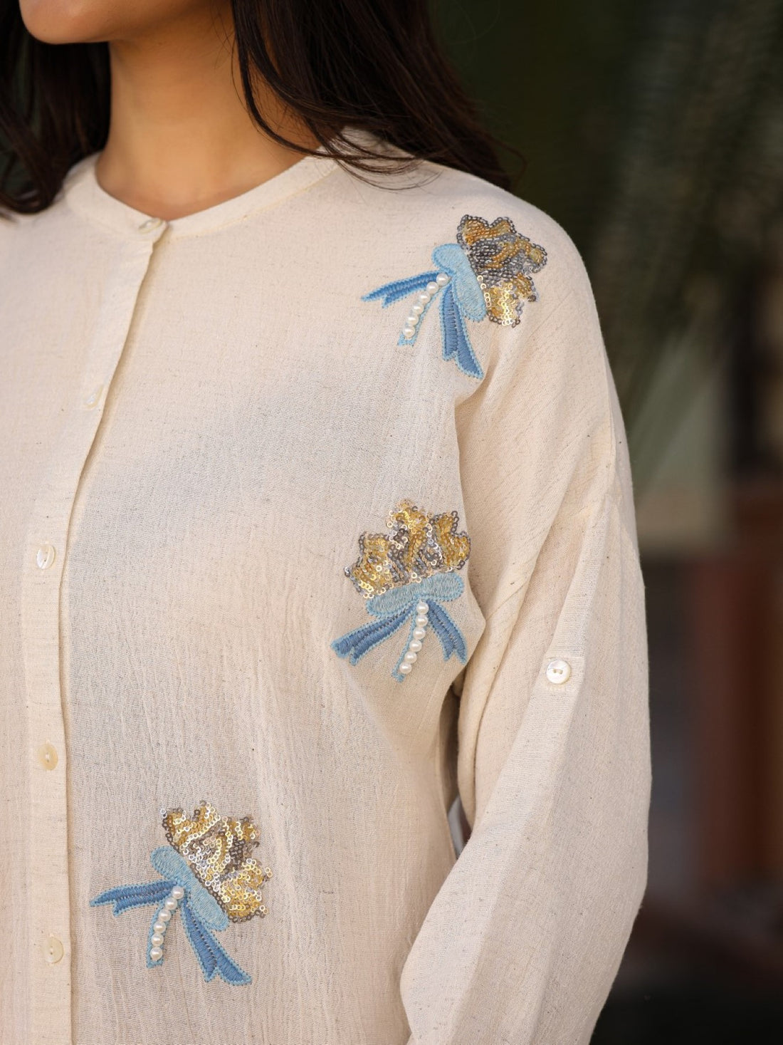 Women's Rayon Off White Embroidered Shirt | Regular Loose Fit Shirt