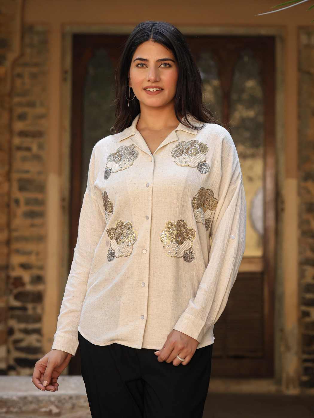 Women's Rayon Off-White Embroidered Shirt | Regular Embroidered Shirt