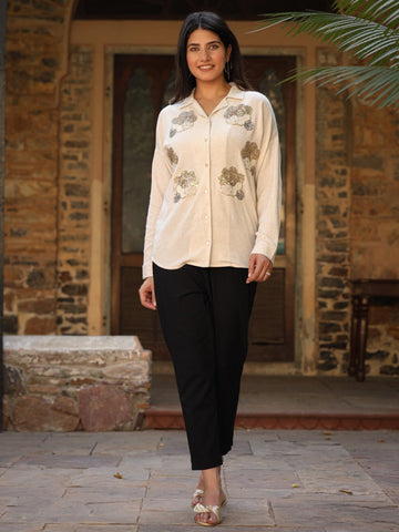 Women's Rayon Off-White Embroidered Shirt | Regular Embroidered Shirt