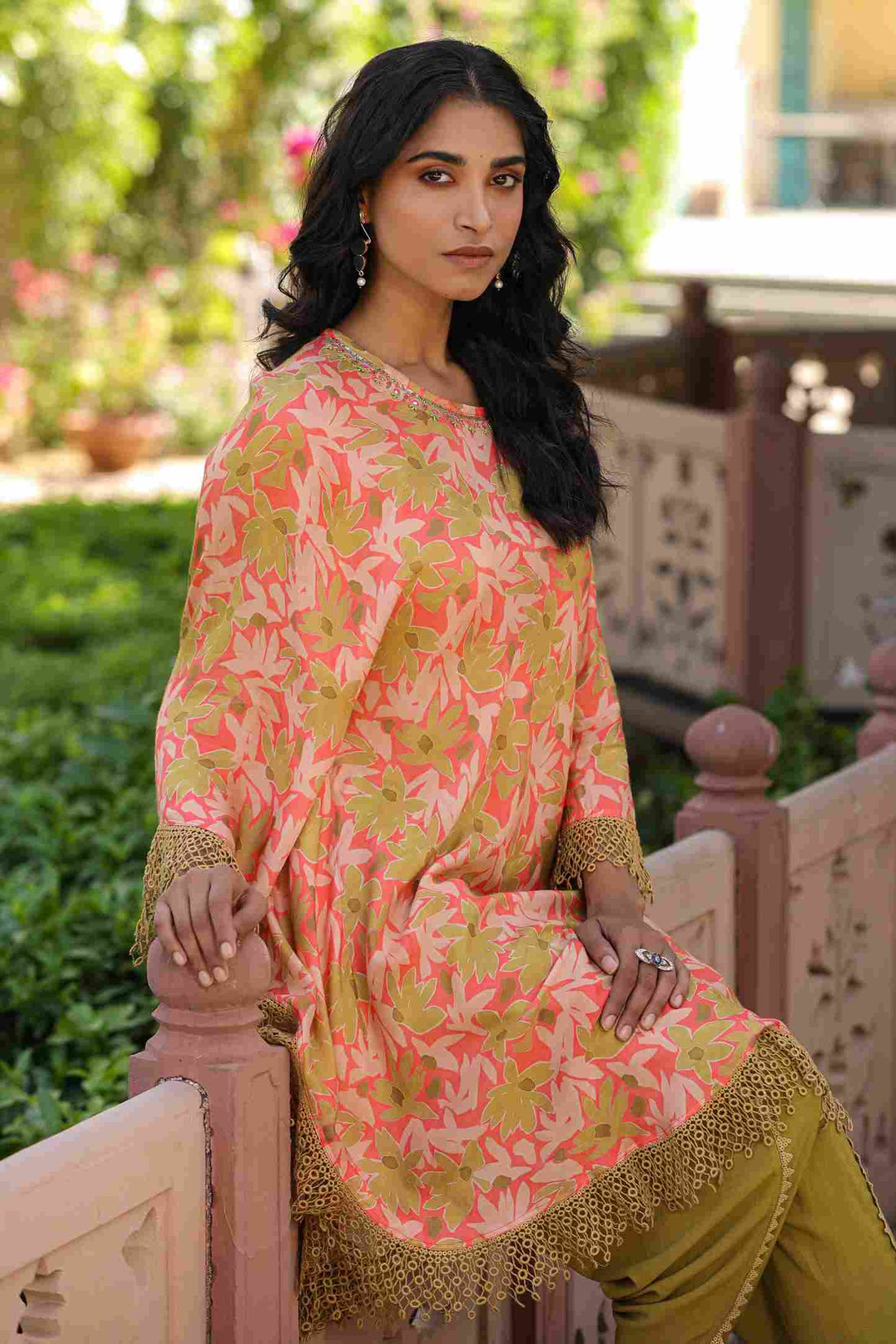 Women's Peach Muslin Silk Printed Poncho with Dhoti pants