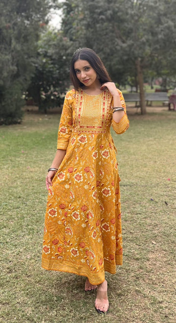 Women's Cotton Printed Dress | Ethnic Anarkali Dress with Thread & Sequin Work